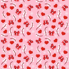 Seamless Heart And Ribbon Pattern on a Pink Romantic Background repeated pattern