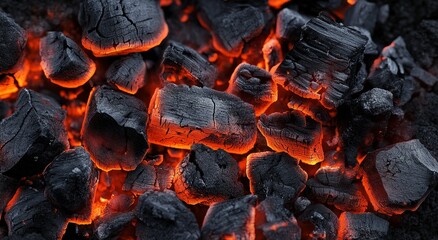 Glowing hot charcoal embers close-up.