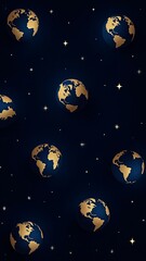 Globos terráqueos en dorado sobre fondo azul marino, detalles metálicos y estrellas sutiles. Elegante diseño perfecto para papelería premium y proyectos de Earth Day.