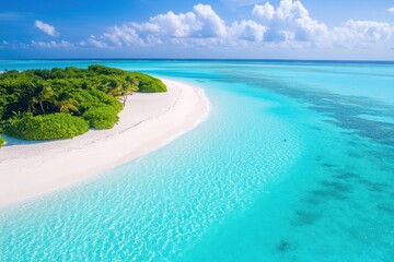 Tropical island aerial view; white sand beach, turquoise water, lush greenery.