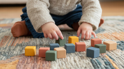 Fototapeta premium A toddler is playing with colorful wooden blocks on textured rug, showcasing creativity and focus. scene captures moment of exploration and learning