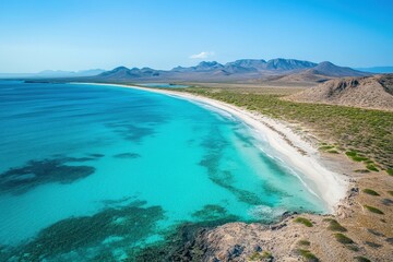 Aerial view of pristine beach with turquoise water and desert landscape.