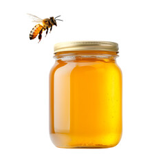 Transparent honey jar with bee isolated for natural sweetener organic product beekeeping nutrition healthy food and golden syrup concept illustration
