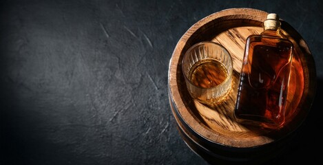 Wooden barrel, glass and bottle of rum on dark background with space for text, top view