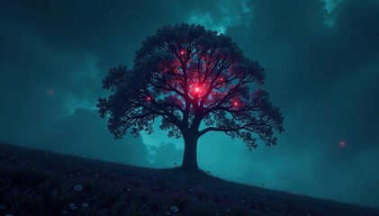Tree of darkness illuminated by an eerie glow in the void, void, night, surreal