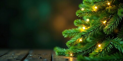 Bokeh-lit Christmas tree made from natural willow branches with shiny green garland, shiny green, lights