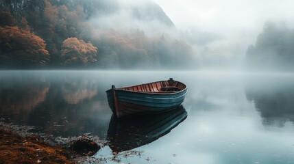 Fototapeta premium Lonely wooden boat on calm lake, misty mountains in background. Perfect for nature, travel, solitude concepts.