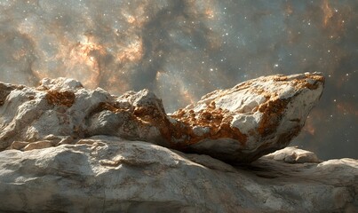 Alien landscape with a large rock formation against a nebula backdrop.