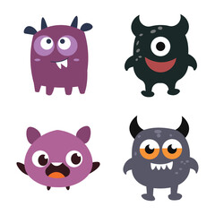 Set of Cute Scary Horned Monster Mascot Cartoon Character with Humor Happy Expression