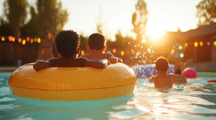 Enjoying sunny day at pool, children play and splash in water, creating joyful memories. vibrant atmosphere is enhanced by colorful decorations and warm sunlight
