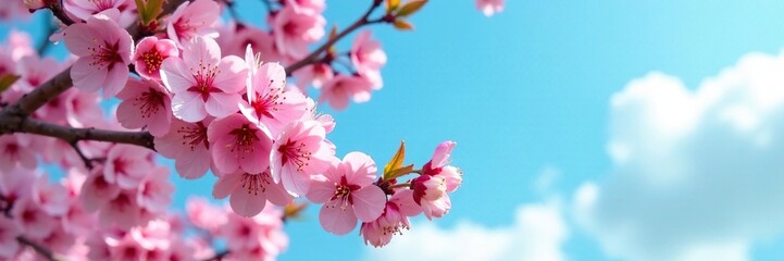 Fototapeta premium Cherry blossoms and ripe cherries against a bright blue sky, soft, blue