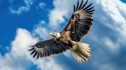 Obraz premium A mighty eagle flies high in the sky with its wings fully extended, clouds in the background. Ai generated image