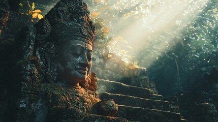 Ancient stone statue of a deity in a jungle temple, illuminated by sunlight streaming through the leaves.