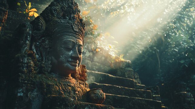 Ancient stone statue of a deity in a jungle temple, illuminated by sunlight streaming through the leaves. - Powered by Adobe
