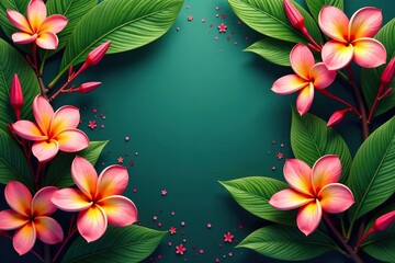 Obraz premium Colorful frangipani blooms amidst lush palm leaves and stems, tropical flowers, flower clusters, exotic flowers