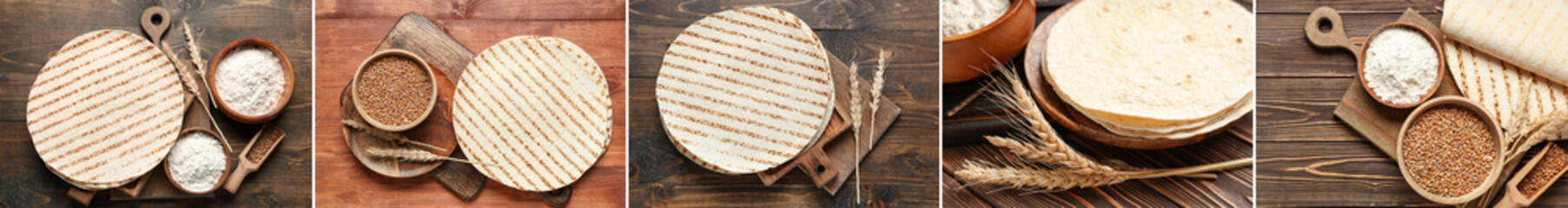 Collage of fresh thin lavash and ingredients