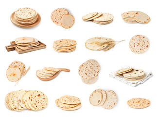 Set of tasty lavash on white background