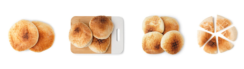 Set of tasty pita bread on white background, top view