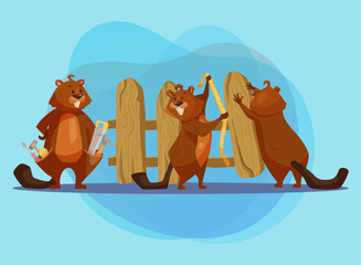Cute comic beavers building fence vector illustration. Cartoon drawing of wild animal characters with wooden planks and tape measure on abstract background. Wildlife, nature concept