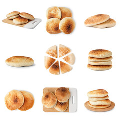 Set of tasty pita bread on white background