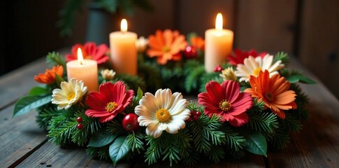 Floral advent wreath with decorated flowers and berries, nature inspired, evergreen wreath, advent wreath