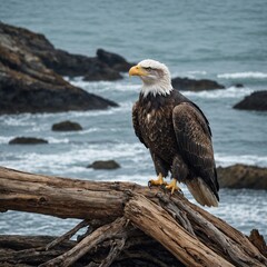 Fototapeta premium An eagle with deep teal and silver fur perched on a driftwood log on a rugged coastline.