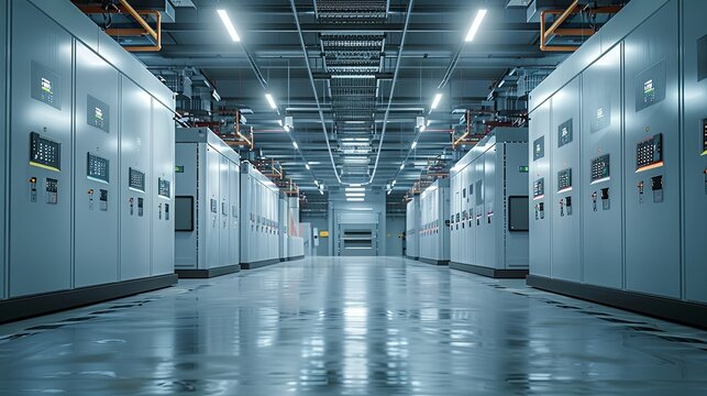 Industrial facility interior with rows of electrical switchgear cabinets.