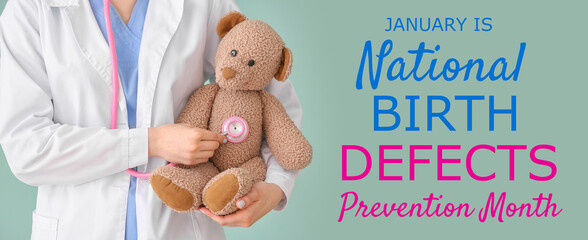 Pediatrician with toy and stethoscope on color background, closeup