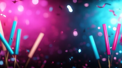 Colorful confetti and sparklers create a festive atmosphere.