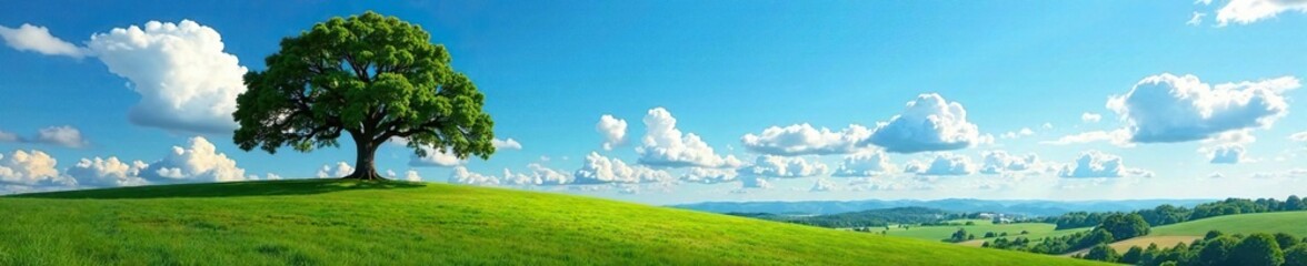 Fototapeta premium A majestic oak tree in rolling hills with a brilliant blue sky above it, nature, hill
