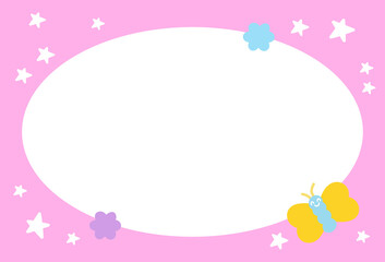 Cute rectangle pink frame with butterfly, stars for polaroid photo, banner, social media post, ad template, memo, sticky note, notepad, paper design, book cover, animal, blossom, picnic, summer
