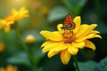 Obraz premium Der Stieglitz auf einer Sonnenblume mit einer kleinen Schmetterlingsschau, flower details, garden scene