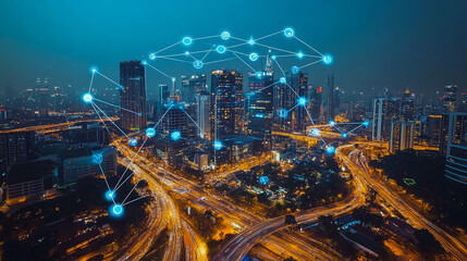 Obraz premium Smart digital city with connection cyber security network reciprocity over the cityscape . future smart wireless digital city and social media networking systems that connects people within the city
