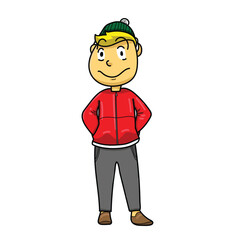 Illustration of a Blonde Man in a Red Winter Coat and Green Beanie, Christmas and Snow Season Concept