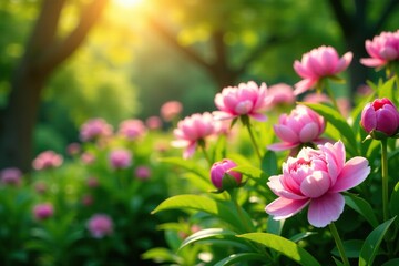 Obraz premium Late spring afternoon sunlight filters through the lush green foliage of a garden where pink peonies are in full bloom, sunlight, peonies, foliage