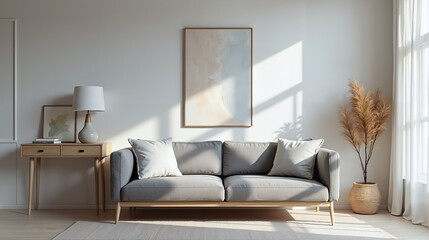 Minimalist Scandinavian Living Room in Serene Neutral Tones Bathed in Natural Light