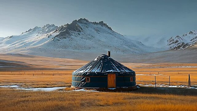 A lone yurt stands in a vast, snowy mountain landscape.
