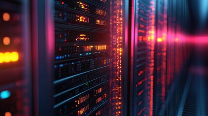 A brightly lit server room featuring rows of high-tech servers illuminated by colorful LED lights.
