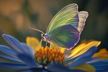 A butterfly with soft green and purple wings fluttering above a multi-colored flower with petals in shades of blue, yellow, and orange, captured in vivid HD.