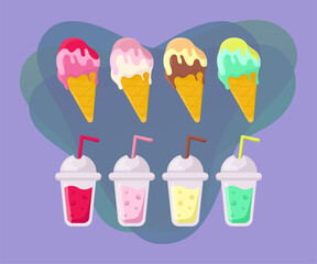 Ice cream and cocktails in cups vector illustrations set. Collection of cartoon drawings of plastic cups with drinks, ice cream cones on abstract background. Desserts, refreshment concept