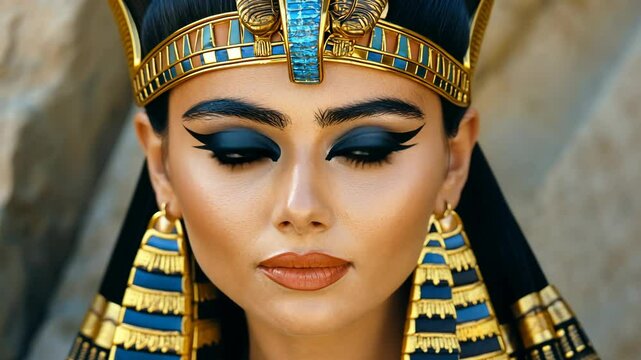 Portrayal of a queen in ancient Egyptian attire with striking makeup and jewelry against a stone background