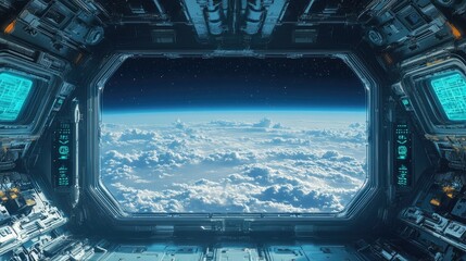 A futuristic spacecraft interior featuring a large window that frames a view of Earth from space.