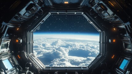 A futuristic spacecraft interior featuring a large window that frames a view of Earth from space.