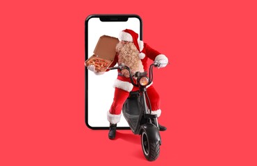 Santa Claus with tasty pizza riding bike and big smartphone on red background