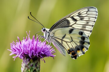 Obraz premium A butterfly with striking black and white patterns perched gently on a vibrant purple flower. Each intricate detail captured in full HD resolution.
