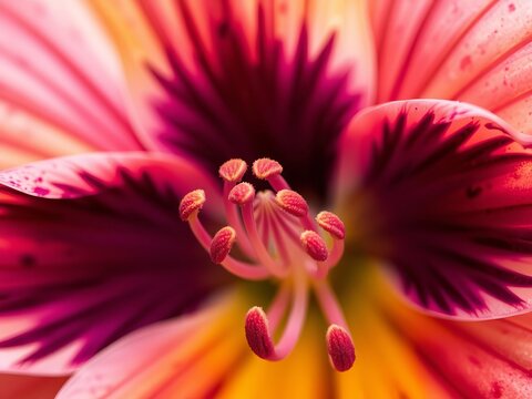 Fototapeta Close-up shot of a vividly colored flower captured through a powerful zoom lens, showcasing intricate details and vibrant hues, super zoom, vivid