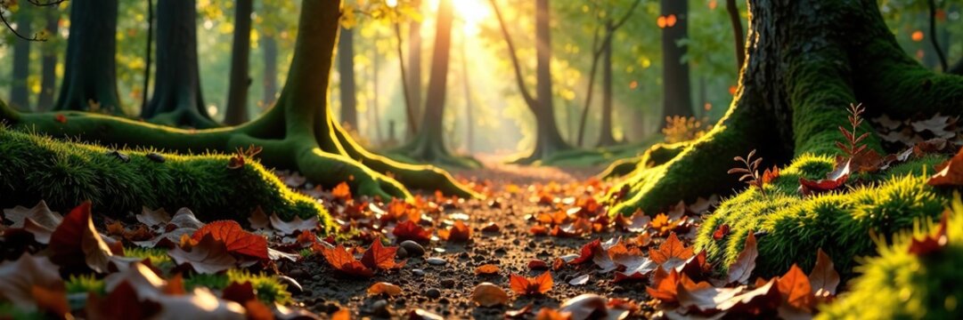 Forest floor with fallen zirben branches and leaves under warm sunlight, zirben, warmth, forest floor