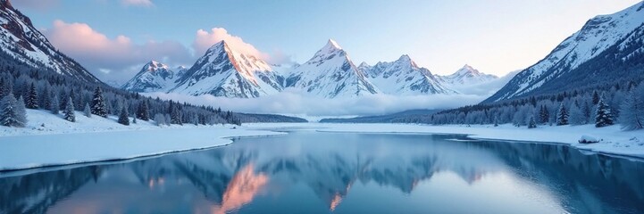Frosty peaks reflected in icy waters of a serene lake, winter wonderland, frozen lakes