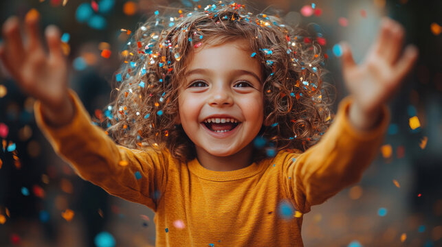 A child playing with party confetti at a lively birthday celebration