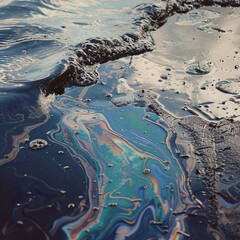 Oil spill on water. Ecology. Environmental pollution concept. Design, print, poster, banner, flyer. Top view. No text